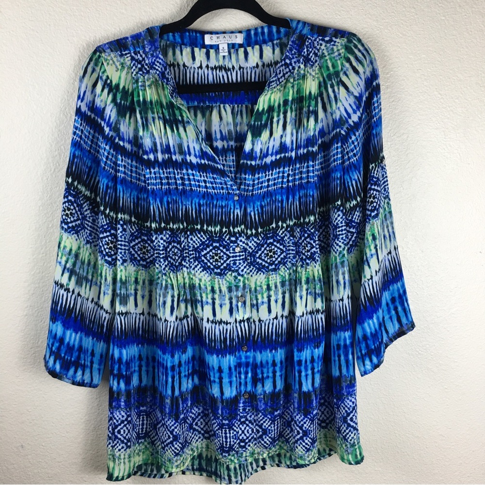 Chaus New York Women’s Small  Blue Green & White 3/4 Sleeve, Button Down Blouse